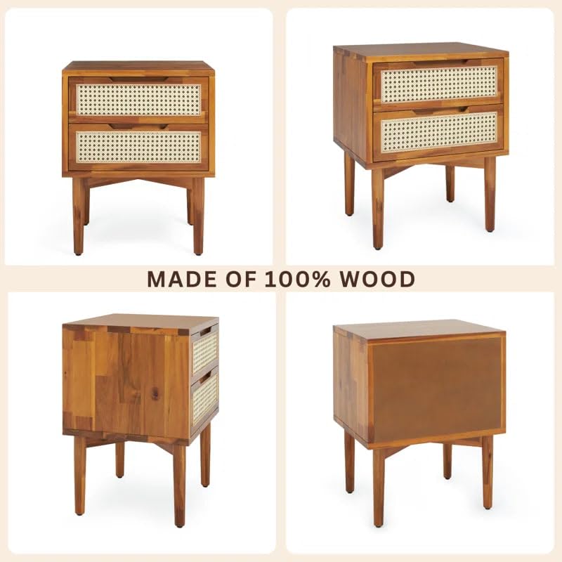 Image of MISAN Boston Solid Wood Bedside Table with Rattan Drawers Mid Century Night Stand for Living Room, Bedroom (Y-Hony)