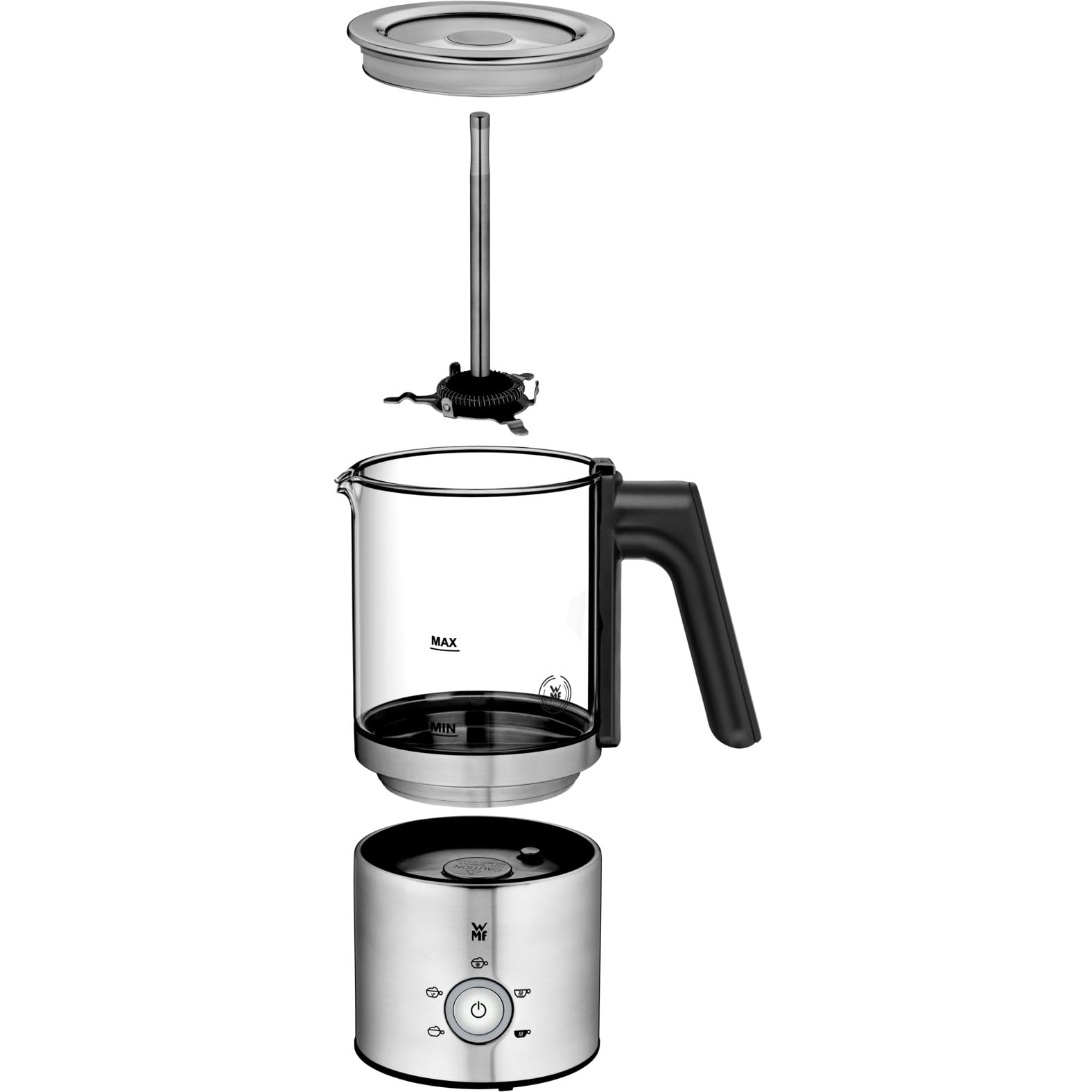 WMF Lono - Espumador de leche de cristal eléctrico, 150-250 ml, 650 W, batidora de frape, pantalla táctil, para espuma de leche caliente y fría, leche caliente, calentador de leche, cacao, chocolate