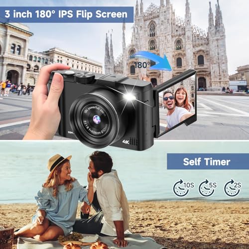 Digital Camera 4K for Photography, 50MP Vlogging Camera for YouTube Video with Flash and 3" 180° Flip Screen, 18X Digital Zoom Compact Travel Cameras with 64GB TF Card for Teens Beginner (Black) - Image 6