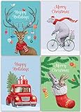 Sweetzer & Orange Christmas Cards Set - 24 Holiday Cards with Red Envelopes - 4 Funny Vintage Designs featuring Retro Winter Xmas Animals! Bulk Greeting and New Years Cards- 4.1x5.8