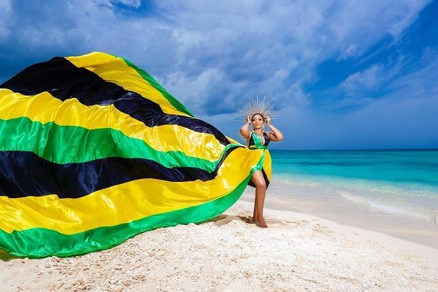 Jamaican Flag-Colored Flowing Dress with Woman Model, 100% Polyester, One Size