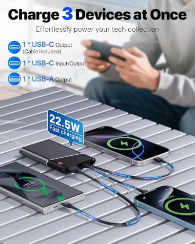 Aaoyun 10000mAh Portable Power Bank, 22.5W PD Fast Charging Battery Pack with Built-in USB-C Cable, Ultra-Slim External Phone Charger for iPhone 17/16/15, Samsung Galaxy S24, Android (Grey) - 2