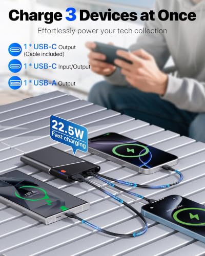 Image of Aaoyun 10000mAh Portable Power Bank, 22.5W PD Fast Charging Battery Pack with Built-in USB-C Cable, Ultra-Slim External Phone Charger for iPhone 17 /16 /15, Samsung Galaxy S24, Android (Grey)