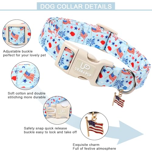 Image of Forth of July Dog Collar, 4th of July Comfortable Cotton Dog Collar, American Flag Collar for Puppy Girl Boy Dog or Cat, Patriotic Bowtie Collar with Metal Buckle, L