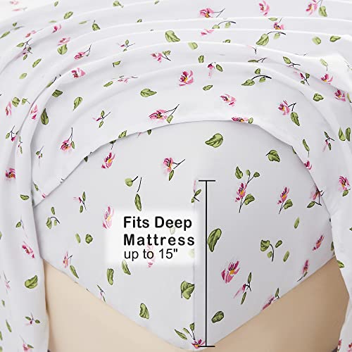 Image of Mooreeke Full Sheets Set - 4 Pieces Soft Breathable Microfiber Bed Sheet Set - Pink Flower Green Leaf Pattern Sheet Set - Deep Pocket Non-Slip Floral Printed Fitted Sheet Included for All Season