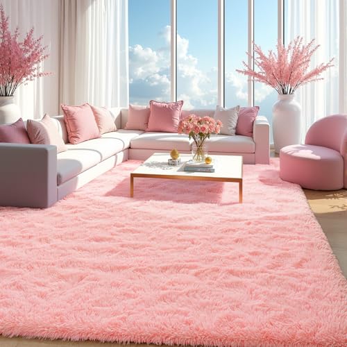 Zentavio Pink Rugs for Girls Room 9x12 Large Area Rugs for Living Room Cute Carpet for Bedroom Washable Soft Fluffy Shag Aesthetic Plush High Pile Rug for Nursery Kids Room Dorm Room