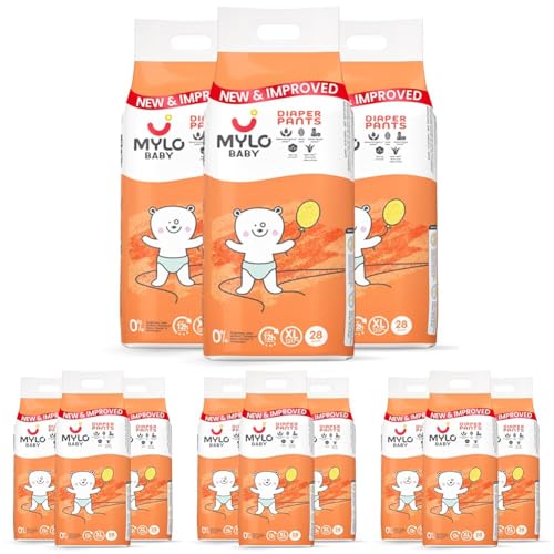 Image of Mylo Baby Diaper Pants Extra Large (XL) Size 12-17 kgs (84 count) Leak Proof | Lightweight | Rash Free | Upto 12 Hours Protection | ADL Technology | with Aloe Vera Lotion (28 Count, Pack of 12)