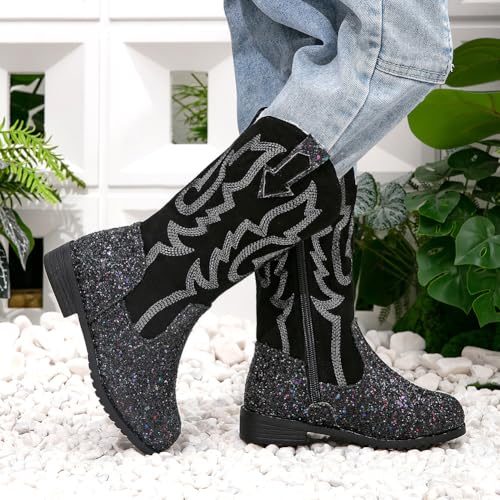Girls Winter Glitter Sequin Cowboy Cowgirl Western Boots Warm Fur Mid Calf Riding Shoes3