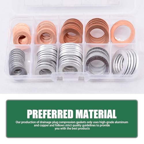 Image of 100 PCS Oil Drain Plug Crush Washer, M10 M12 M14 M16 M18 2 Material Gasket Combination Set, High Temperature Resistant Leak-Proof Seals with Storage Case, for Most Cars (Silver & Gold)
