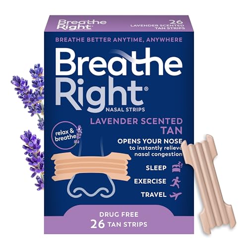 Breathe Right Nasal Strips Lavender Scent, Extra Strength Tan Nose Strips for Nasal Congestion Relief Caused by Colds & Allergies, Better Breathing, Less Snoring, Drug-Free, 26 Ct (Packaging May Vary)
