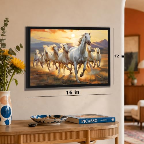 Image of PAINTINGMANTRA 7 White Running Horses Framed Wall Art Painting For Living Room, Vastu Abstract Poster with frame for Wall, Decoration item for bedroom, 13x17.5 Inch
