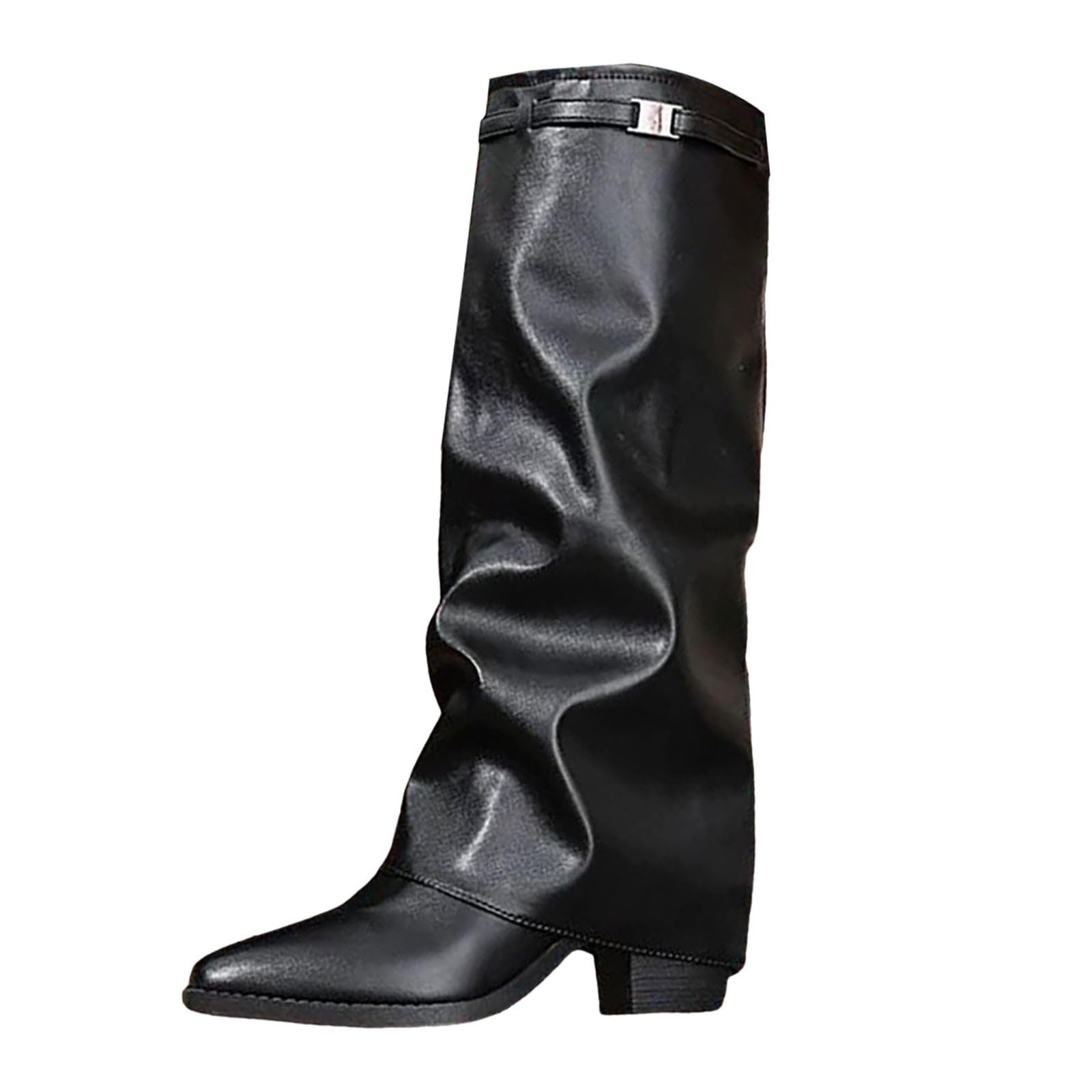Fold Over Slouched Ruched Boots Knee High Boot Women Pull On Chunky High Heels Long Bota Faux Leather