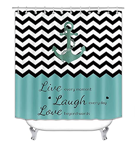 Camille&Andrew 4Pcs/Set Glitter Teal Anchor Shower Curtain, Black White Chevron Zig Zag Geometric Nautical Theme Inspirational Quotes Bathroom Decor, Non-Slip Bath Rugs Toilet Mats, Live Laugh Love #TOP1