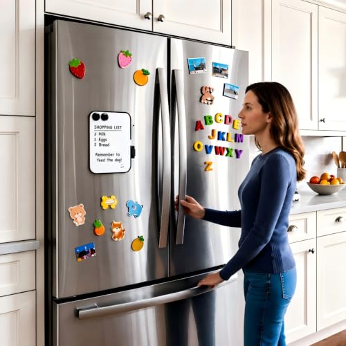 Woman standing beside a refrigerator with a small magnetic dry-erase note board attached to the door