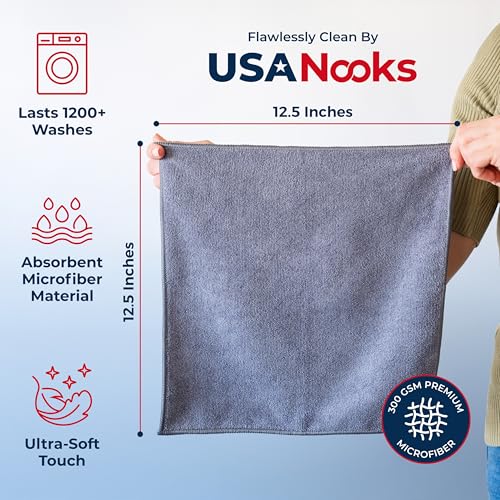 USANOOKS Microfiber Cleaning Cloth Grey - 12 Pcs (12.5"x12.5") - High Performance - 1200 Washes, Ultra Absorbent Microfiber Towel Weave Grime & Liquid for Streak-Free Mirror Shine - Car Washing Cloth