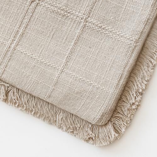 Image of Foindtower Set of 2 Decorative Linen Check Fringe Throw Pillow Covers Farmhouse Vintage Cushion Covers Modern Boho Home Decor for Sofa Chair Couch Bedroom Living Room,16x16 Inch,Natural Linen