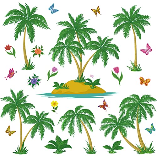 Mefoss Green Sea Island Palm Trees Wall Decals Flowers And Butterflies Wall Stickers Peel And Stick Removable Tropical Wall Decal Art Sticker For Living Room Kids Bedroom Playroom Nursery Wall Decor #TOP2
