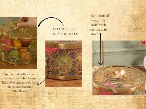 Image of LUSHLIN Metal Fruit Basket with Lid for Kitchen & Dining Table | Insect Proof Mesh Fruit & Vegetable Basket | Countertop Storage Basket for Fruits, Vegetables & Snacks (Gold, 28.5 cm)