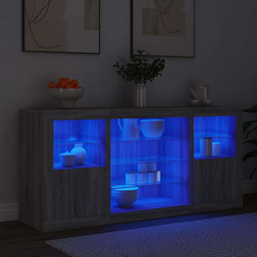 3209091 Credenza con Luci LED Grigio Sonoma 142,5x37x67 cm Credenza Moderna a Anta con Luci LED e Mensole in Vetro,Mobile Multiuso in Legno con Finitura Lucida
