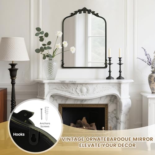 Image of WallBeyond Black Antique Mirror for Vanity 24x32 Inch, Black Vintage Mirror with Ornate Frame, Arched Vintage Wall for Bathroom, Living Room, Fireplace