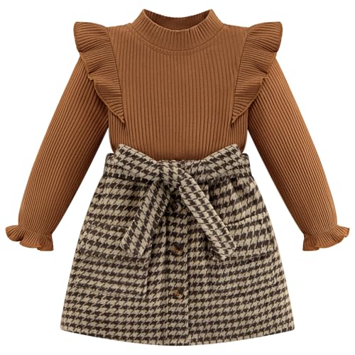 Image of Weixinbuy Toddler Girl Fall Winter Clothes Solid Long Sleeve Ribbed T-Shirt Knit Tops Plaid Button Mini Skirts Set Outfits