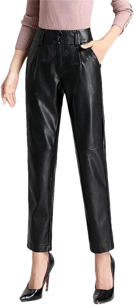 Women's Fleece Lined Straight Leg High Waist Leather Pants Small Foot Long Trousers