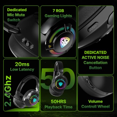 Image of SpinBot Ranger HX700 Tri-Mode Wireless Headphones with ANC & RGB | 20ms Low Latency 2.4GHz + Bluetooth 6.0 & AUX, Detachable Mic, 50mm Drivers, Gaming & Work Headset for PC & Mobile