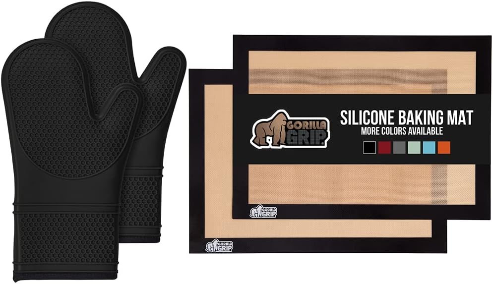 Gorilla Grip Silicone Oven Mitts Set of 2 and Silicone Baking Mats Set of 2, Oven Mitts are 14.5 Inch, Quarter Sheet Baking Mats, Both in Black Color, 2 Item Bundle