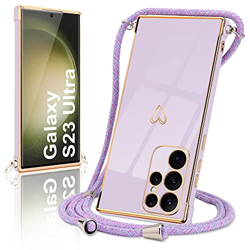 Micoden Capa com cordão para Samsung Galaxy S23 Ultra 5G capa TPU de silicone com colar com design de coração de amor, capa com cordão para Samsung Galaxy S23 Ultra 5G, violeta