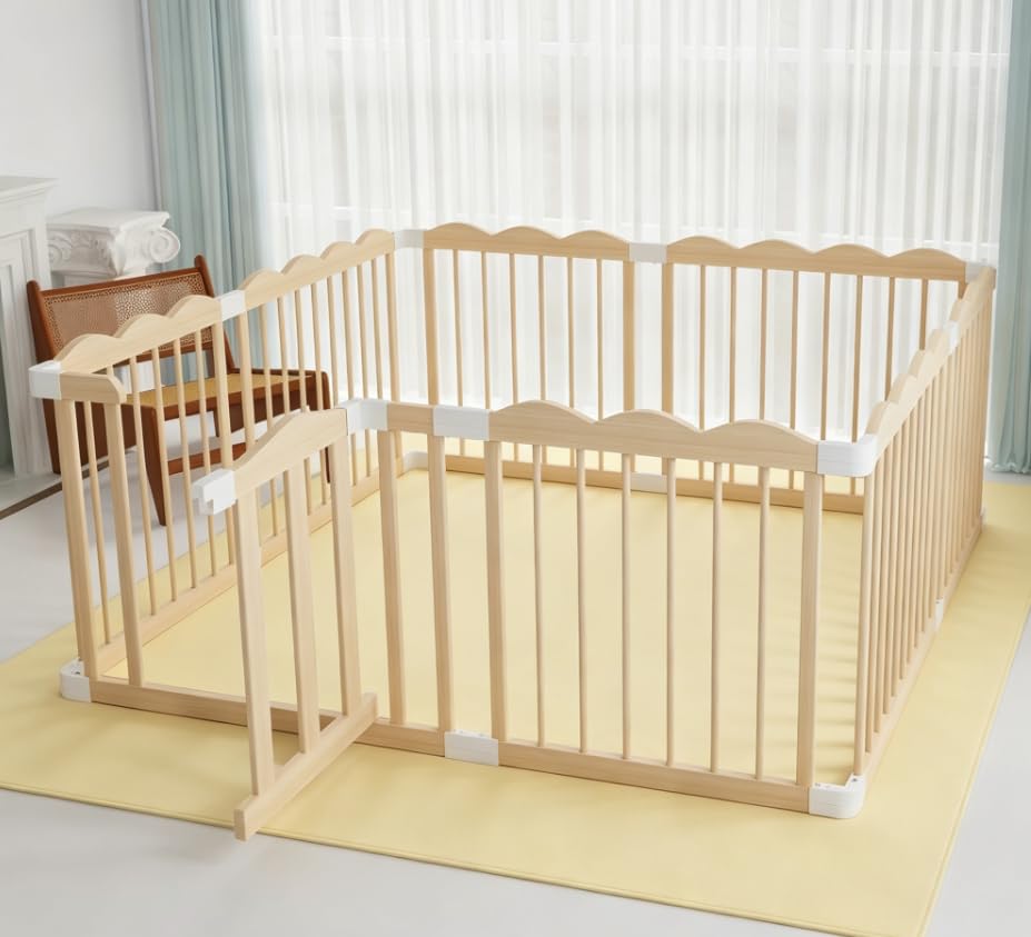 Baby Playpen, Wooden Playpen for Babies and Toddlers, Large Adjustable Wooden Baby Playard with Locking Gate, Easy to Assemble, Portable Play Pen, Infant Play Pen Play Area(46x61x23 Inch)
