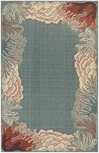 Liora Manne Riviera Low Profile Easy Care Weather Resistant Indoor/Outdoor Rug-Transitional, Botanical, Ocean, Contemporary, Reef Border Ocean 3'3" x 4'11"
