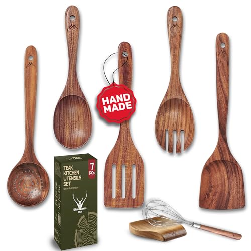 Image of 7 Pc Teak Wooden Kitchen Utensils - Handcrafted Wooden Cooking Utensils Set with Holder, Elegant Wooden Spoons for Cooking & Timeless Utensil Set for Daily Use - Teak Utensils Set for Cooking