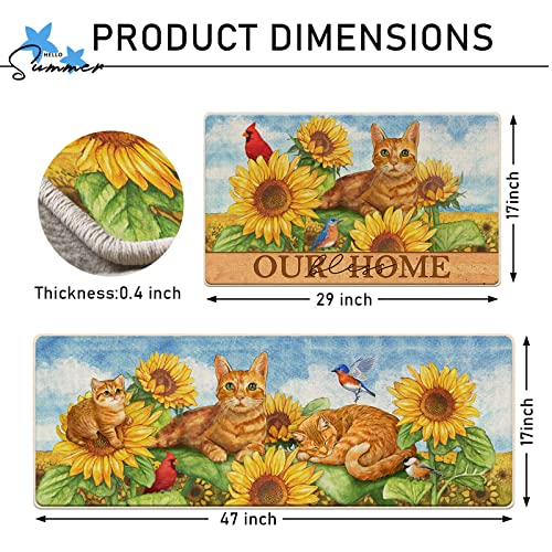 Tailus Fall Orange Cats Sunflower Cardinal Decorative Kitchen Rugs Set Of 2, Autumn Red Bird Kitchen Mat Non-Slip Floor Mat, Spirng Summer Home Kitchen Decorations - 17X29 And 17X47 Inch #TOP2