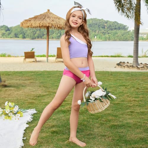 Image of Mirawise Girls Swimsuit One Shoulder Metallic Patchwork Neckline Bathing Suit 2 Piece Bikini