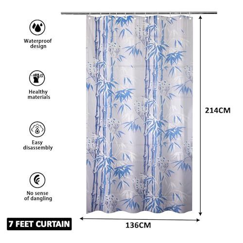 Image of Kuber Industries (Pack of 2) Shower Opaque Curtain | 7 Feet | PVC Waterproof Window Curtain | Bathroom Shower Curtain | AC Curtains | Curtains for Bathtub | 8 Rings Curtain | Bamboo Print | Blue