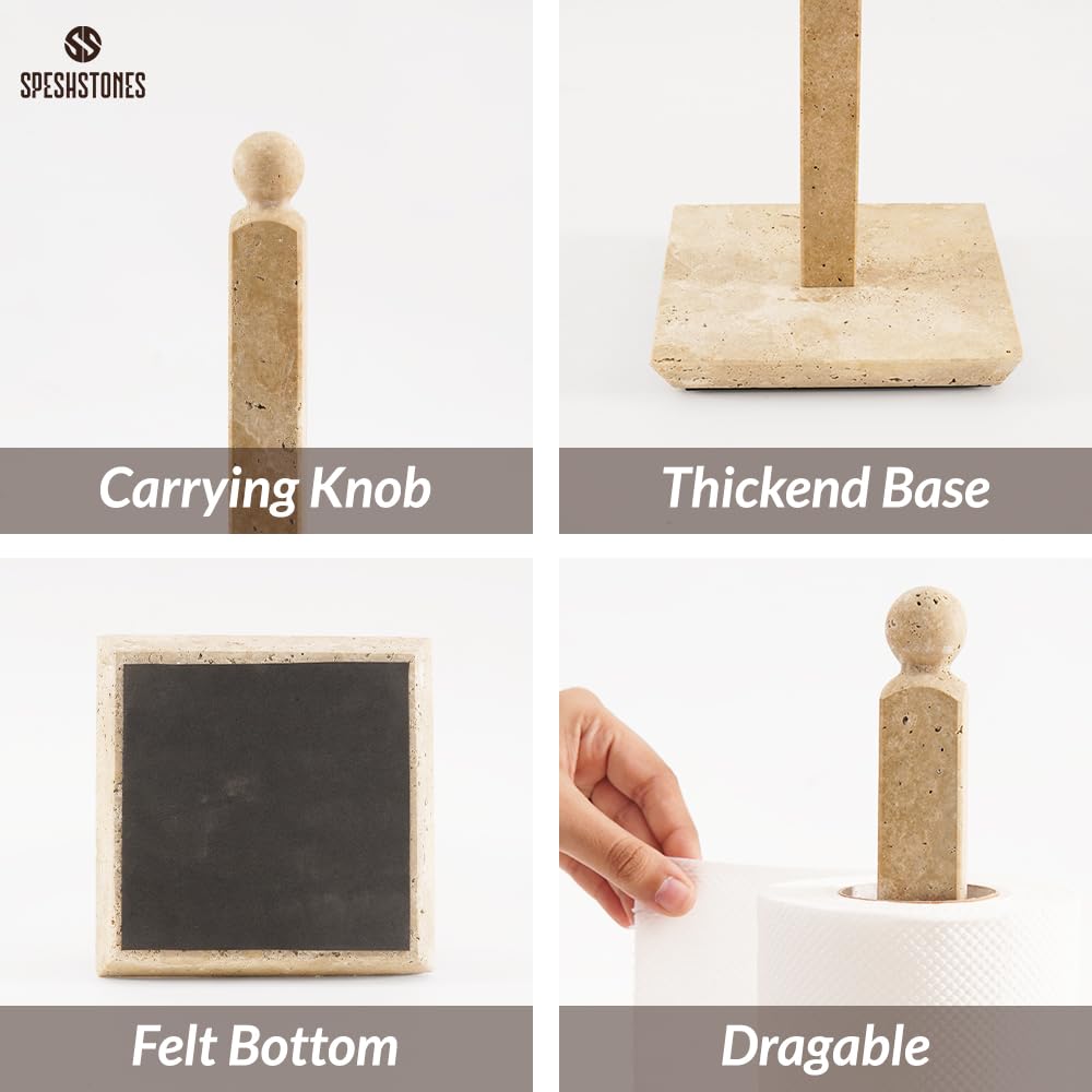 SPESHSTONES Travertine Marble Paper Towel Holder 12.5" Inches for Kitchen Towels Rack Handmade Paper Roll Holder with Stand (Sqaure Shape) - Image 3