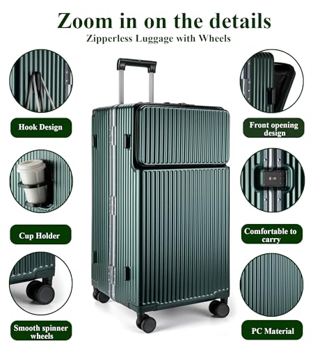 Image of feilario 30in Super Large Captain Aluminum Frame Hardside Spinner Wheels Luggage, Zipperless Checked Suitcase with Front Compartment /Cup Holder /Phone Holder (Forest green,30in)