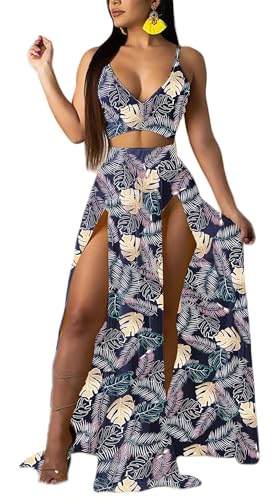 Women Sexy 2 Piece Outfits Dress Deep V Neck Bra Crop Top High Split Maxi Dresses Skirt Set Bathing Suit Cover up Leaves S