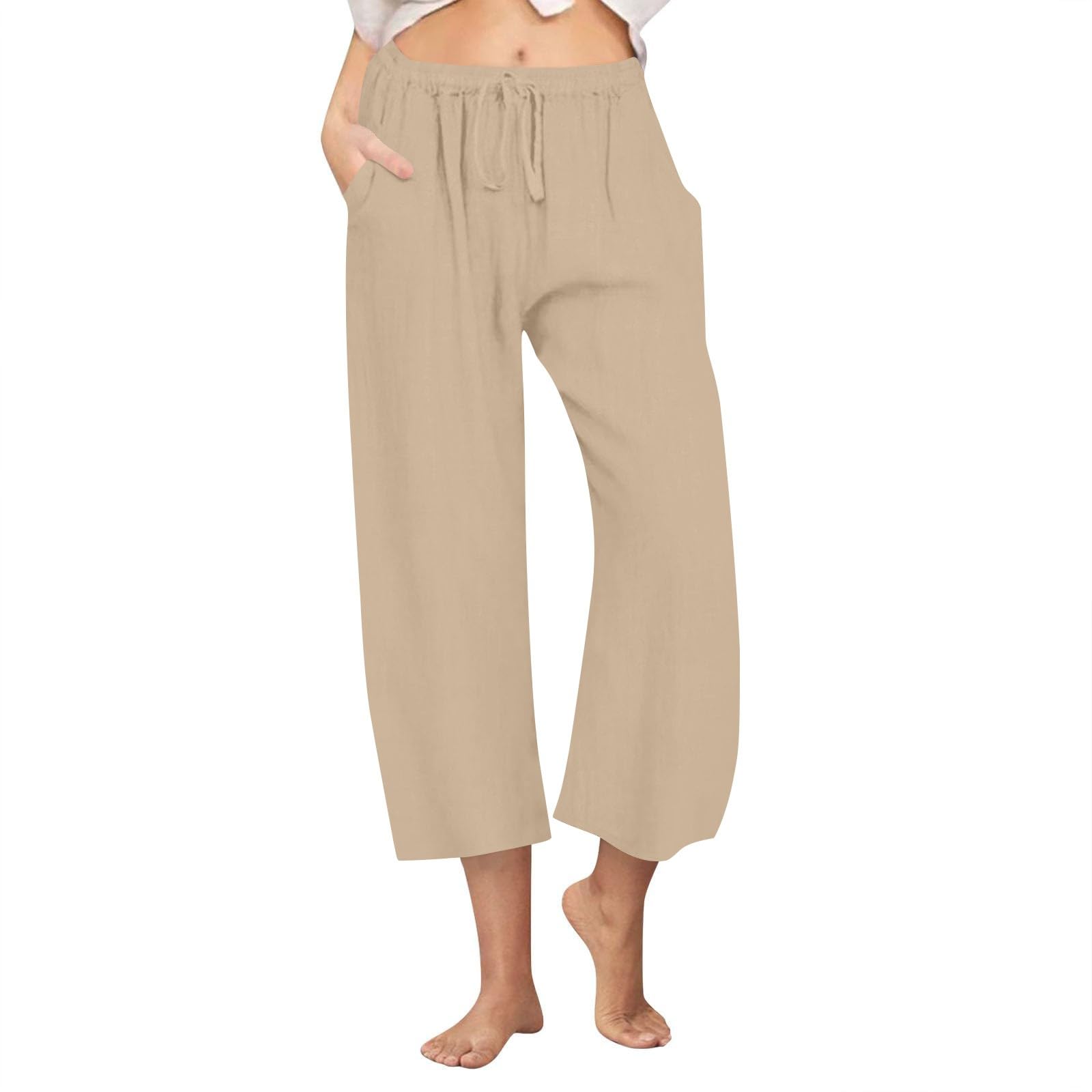 Linen Pants Women Wide Leg High Waist Cropped Trousers Casual Summer Baggy Capris with Pockets