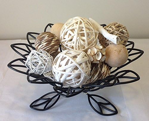 Jodhpuri Decorative Vase Fillers for Centerpieces – Weave and Solid Plastic Sphere Bowl Mix for Table Décor – White with Beige Rattan – 18 Assorted Pieces
