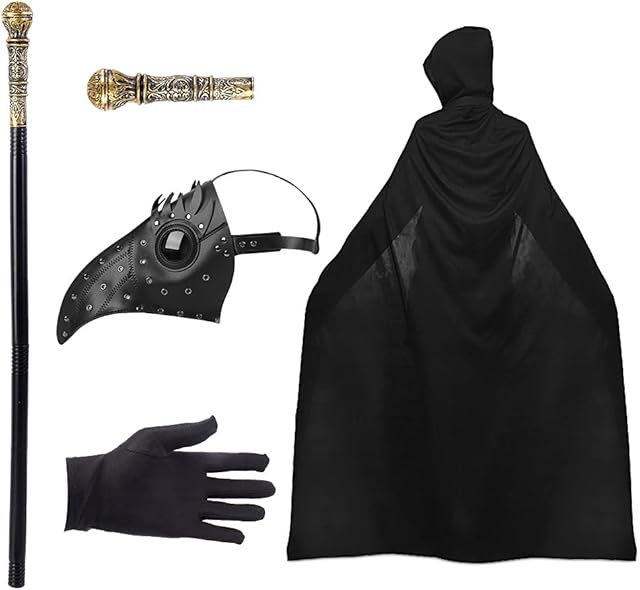 Plague Doctors Mask, Retro Rivet Bird Mask Beak Steampunk Mask Halloween Mask Masquerade Halloween Costume Props with Black Gloves, Cane, Hooded Cloak Cape