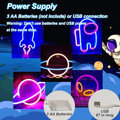 Image of Planet Alien Space Neon Signs, 5Pcs LED Neon Light for Wall Decor, Battery or USB Power, Led Sign for Bedroom Wall Decor Aesthetic Teen Girl Kid Room Christmas Birthday Wedding Party Pink Blue Yellow