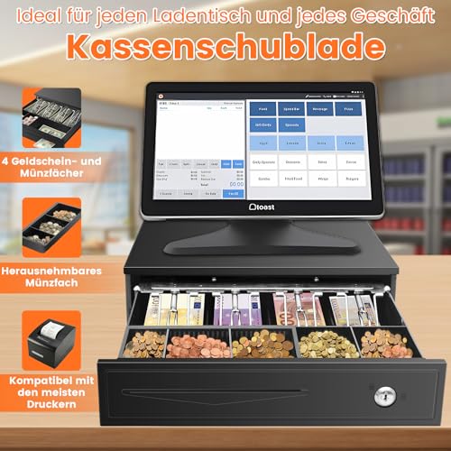 Kassenlade Elektrisch, Kassenschublade mit 5 Münzfächer, 4 Scheinfächer, Geldlade elektrische und manuelle Öffnung, Geldschublade, Geldbox Banknotenfächern