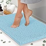 ITSOFT Non Slip Shaggy Chenille Soft Microfibers Bath Mat for Bathroom Rug Water Absorbent Carpet, Machine Washable, 21 x 34 Inches Spa Blue
