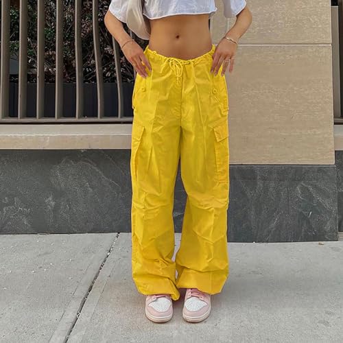 Women Cargo Pants Drawstring Elastic Waist Wide Leg Lounge Parachute Pants Solid Color Lightweight Baggy Trousers with Pocket2