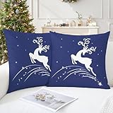 CaliTime Pack of 2 Soft Canvas Throw Pillow Covers Cases for Couch Sofa Home Decoration Christmas Holiday Reindeer Jump with Stars Print 18 X 18 Inches Navy Blue