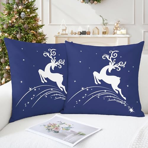 CaliTime Pack of 2 Soft Canvas Throw Pillow Covers Cases for Couch Sofa Home Decoration Christmas Holiday Reindeer Jump with Stars Print 18 X 18 Inches Navy Blue