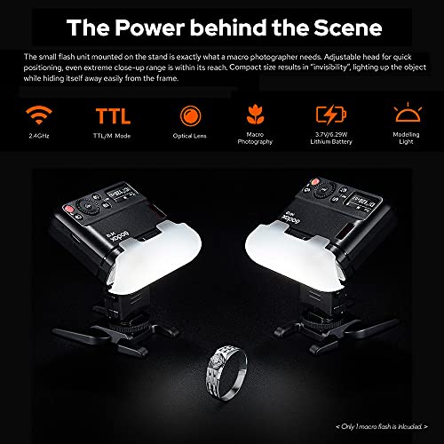 غودوكس MF12 ماكرو فلاش 2.4G لاسلكي للتحكم في ناقل الحركة رقم 16 وضع TTL M مع فلتر ملون، حذاء بارد لصور النباتات والحشرات والطعام والمجوهرات والتصوير ماكرو