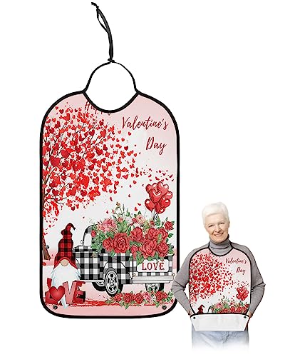 Valentines Gnomes Adult Bibs for Eating, Waterproof Bibs with Food Catcher & Adjustable Snap Closure, Black White Plaid Truck Love Heart Tree Clothing Protectors Adult Bibs for Elderly Women/Men