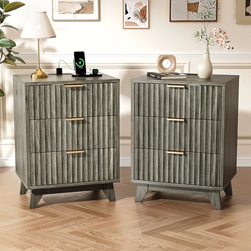 Image of VINGLI Gray Nightstands Set of 2 with Charging Station, Fluted Nightstand 3 Drawers Grey Night Stand for Bedroom, Fluted Grey Bedside Table /End Table /Side Table, 17.72 inch W*13.78 inch D*23.62 inch H, 2 pcs